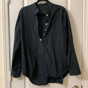 J. Crew dark green “black watch” plaid rhinestone crystal button blouse size 16